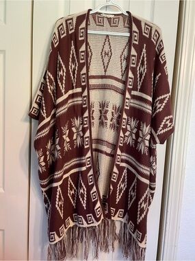 Cozy Open-Front Maroon & Cream Knit Poncho
